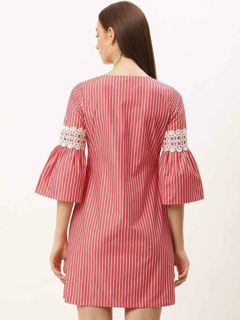 Women Coral Red & White Striped Empire Dress-Dresses-StyleQuotient