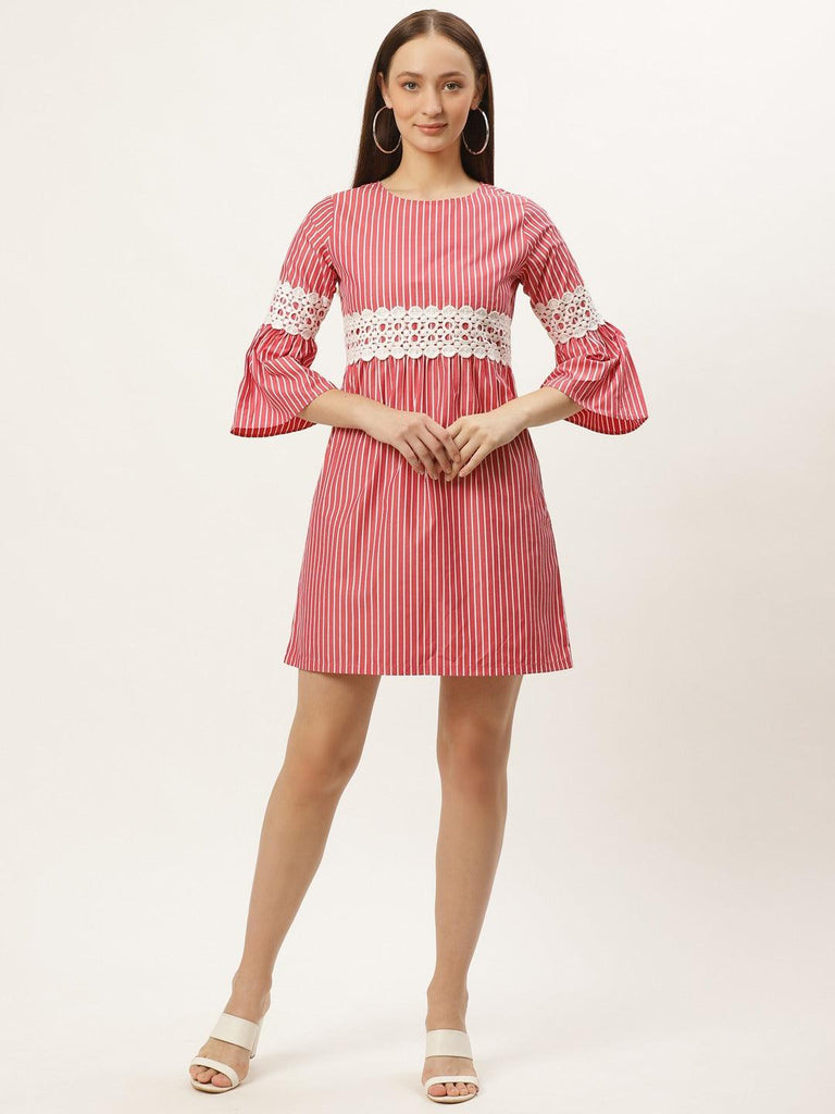 Women Coral Red & White Striped Empire Dress-Dresses-StyleQuotient