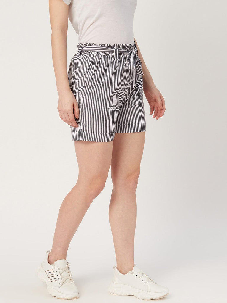 Women Navy Blue & White Striped Regular Fit Paper Bag Shorts-Shorts-StyleQuotient