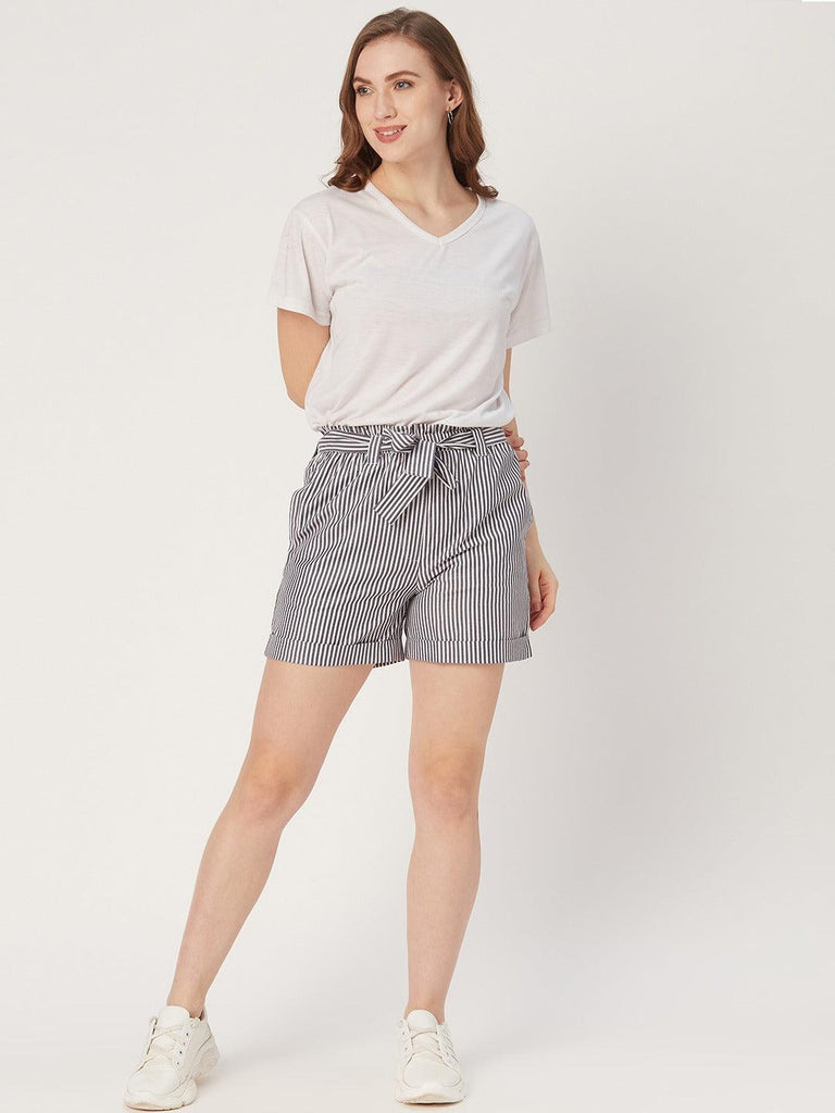 Women Navy Blue & White Striped Regular Fit Paper Bag Shorts-Shorts-StyleQuotient