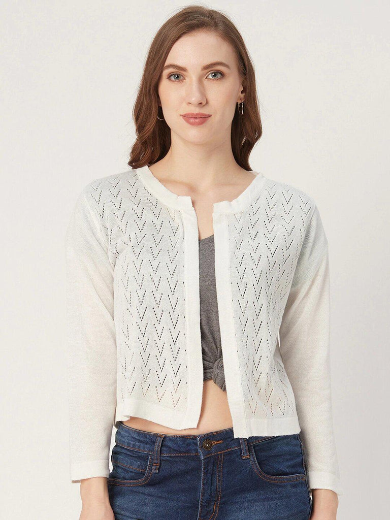 Style Quotient Women White Self design Knitted Open Front Regular Shrug-Shrug-StyleQuotient