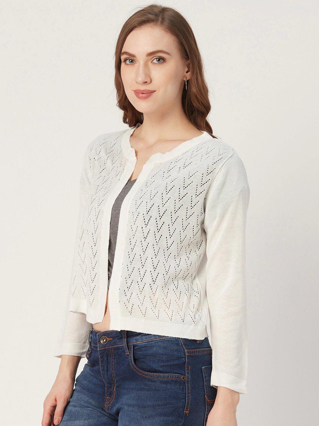 Style Quotient Women White Self design Knitted Open Front Regular Shrug-Shrug-StyleQuotient