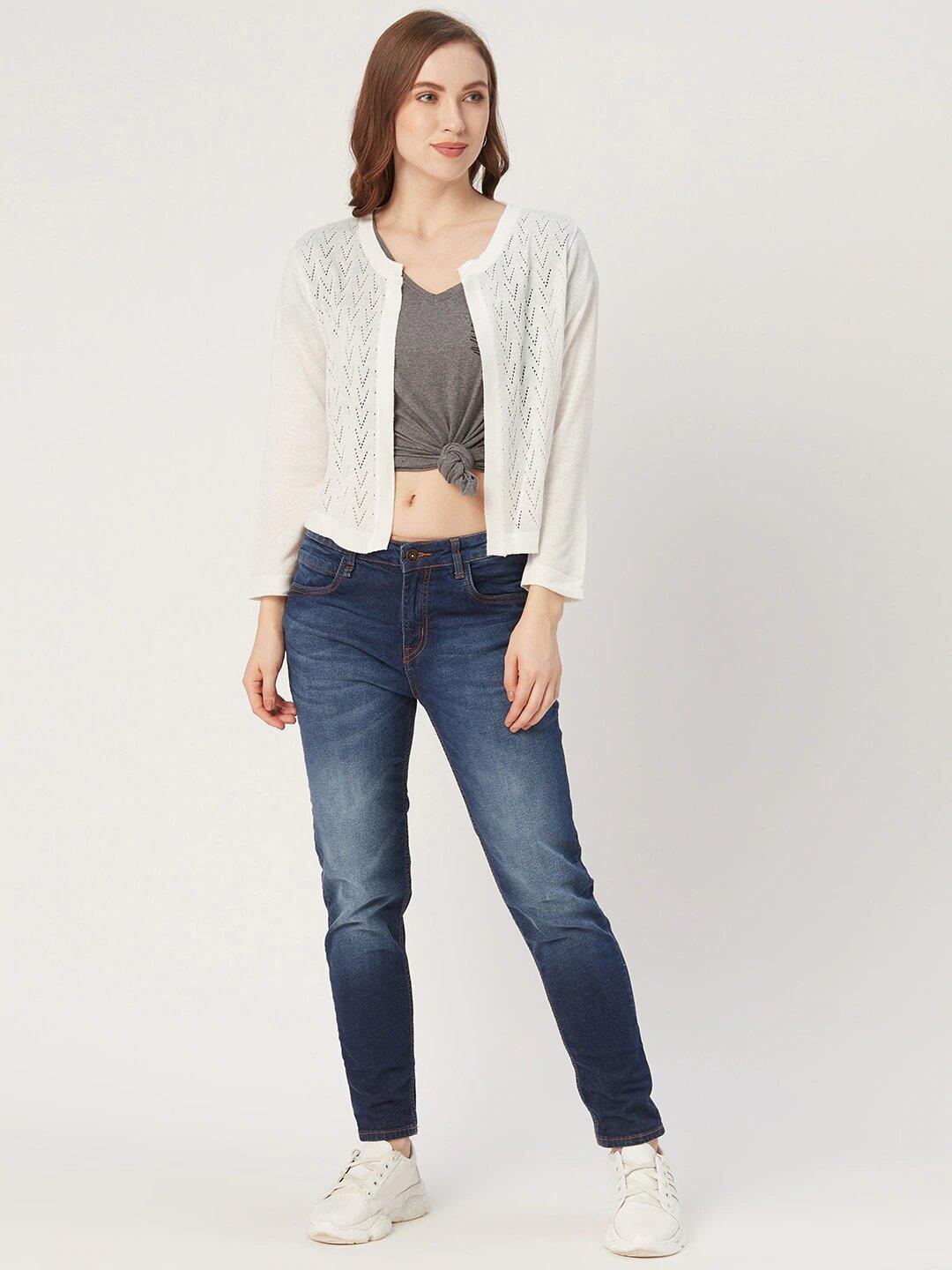 Style Quotient Women White Self design Knitted Open Front Regular Shrug-Shrug-StyleQuotient