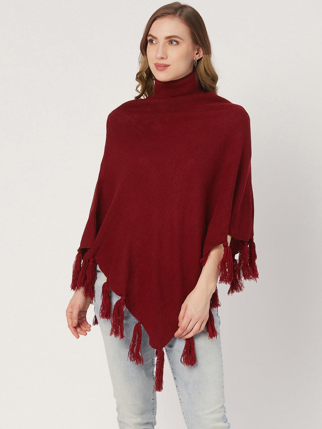 Women Maroon Solid Poncho-Sweaters-StyleQuotient