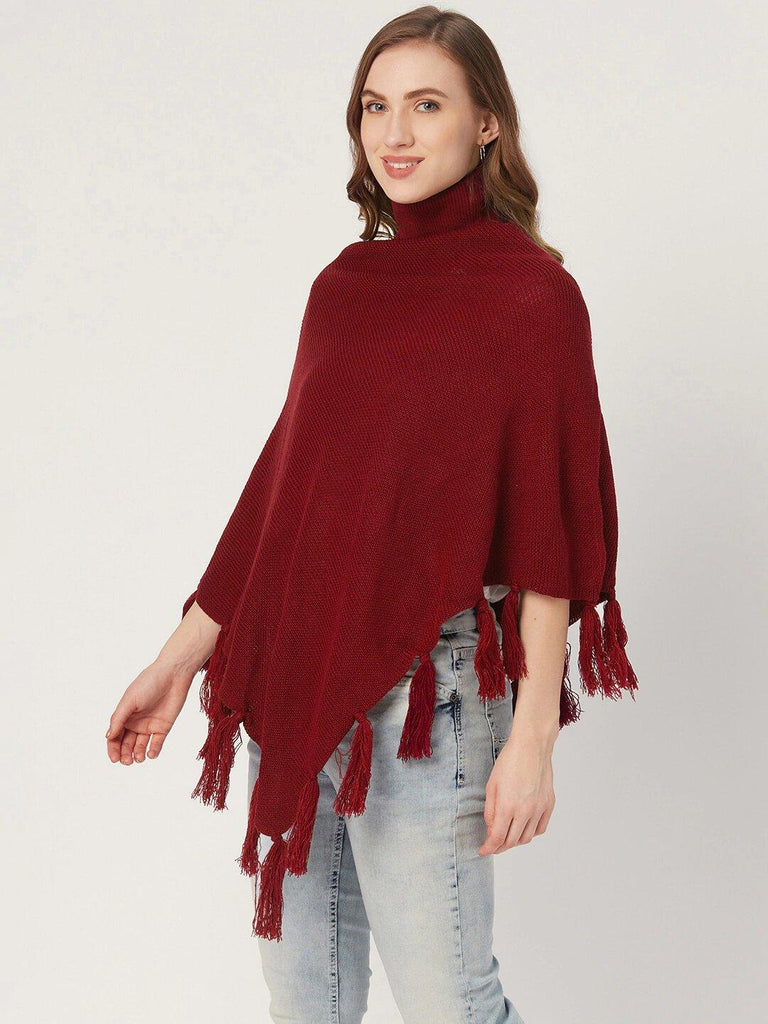 Women Maroon Solid Poncho-Sweaters-StyleQuotient