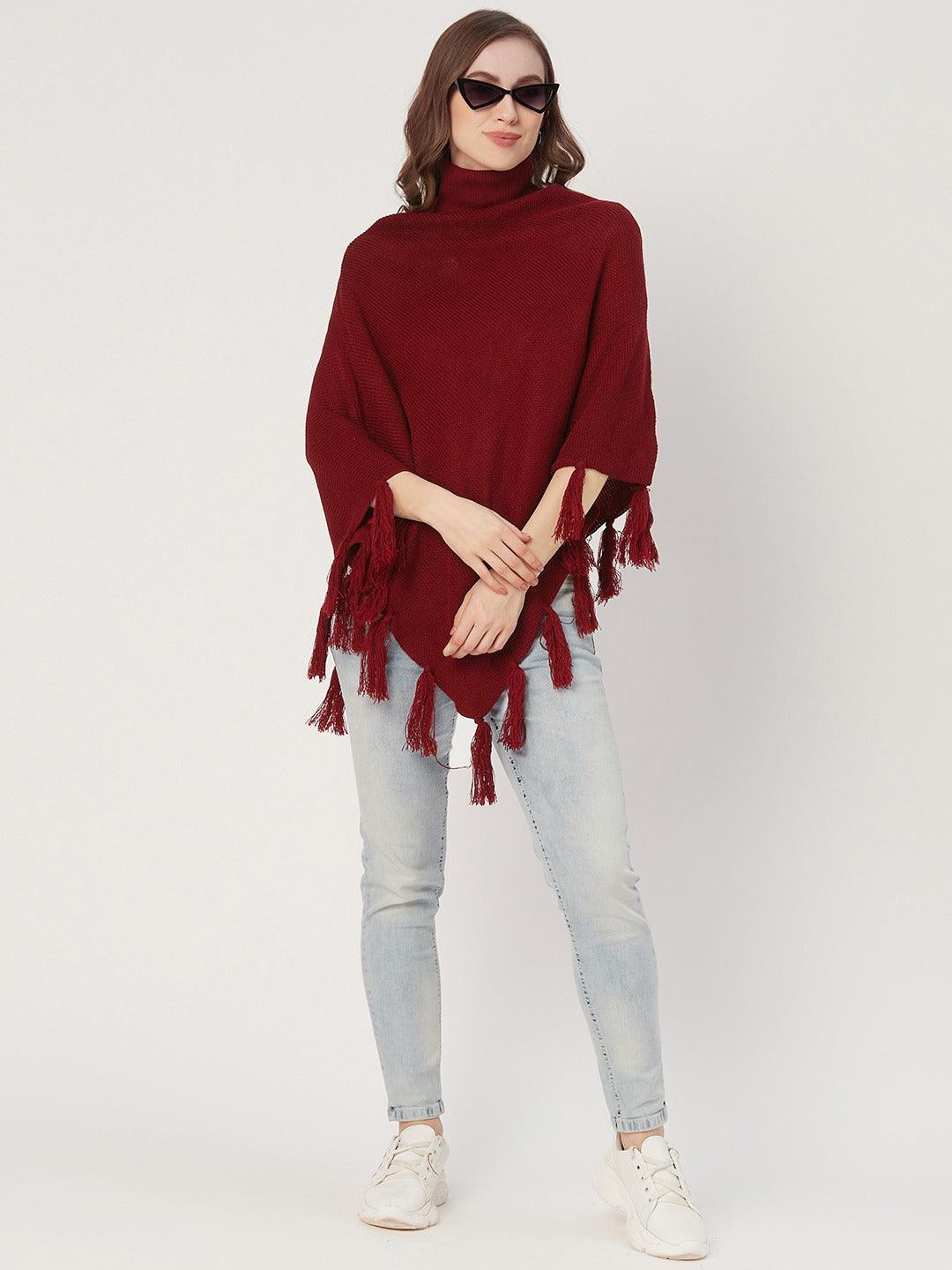 Women Maroon Solid Poncho-Sweaters-StyleQuotient