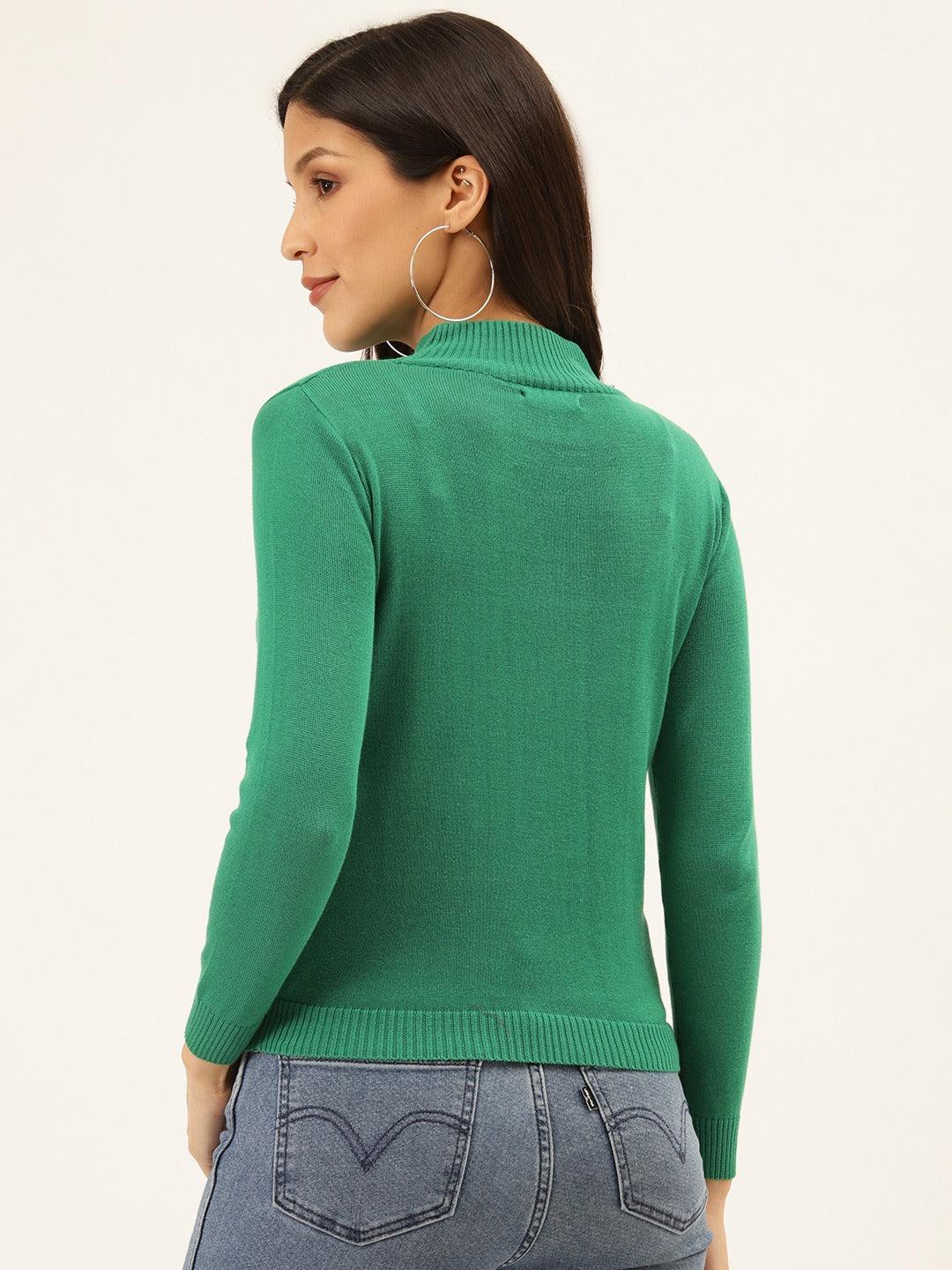 Women Green Solid Cropped Pullover Sweater-Sweaters-StyleQuotient