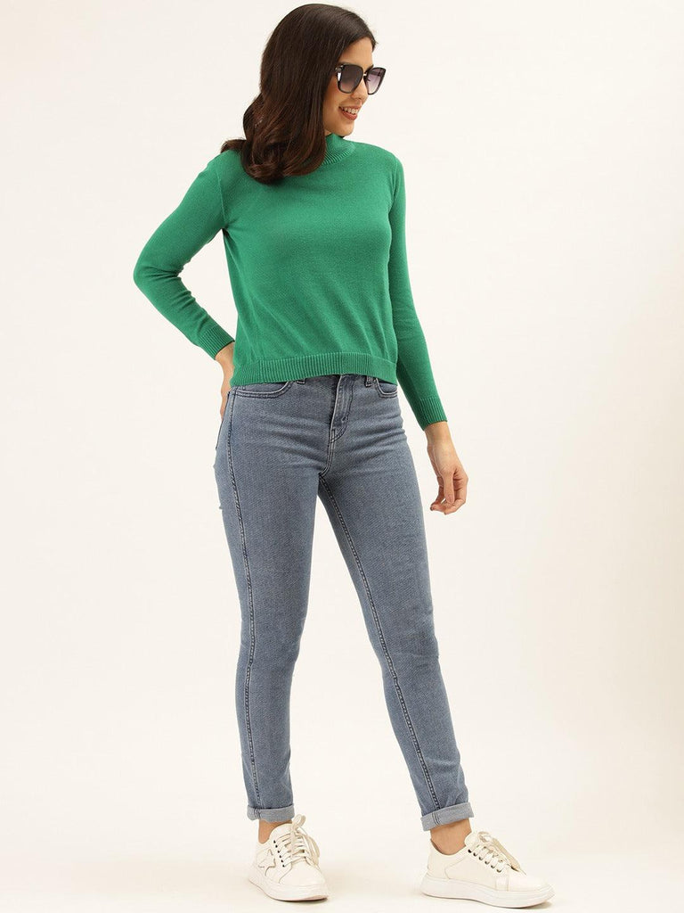 Women Green Solid Cropped Pullover Sweater-Sweaters-StyleQuotient