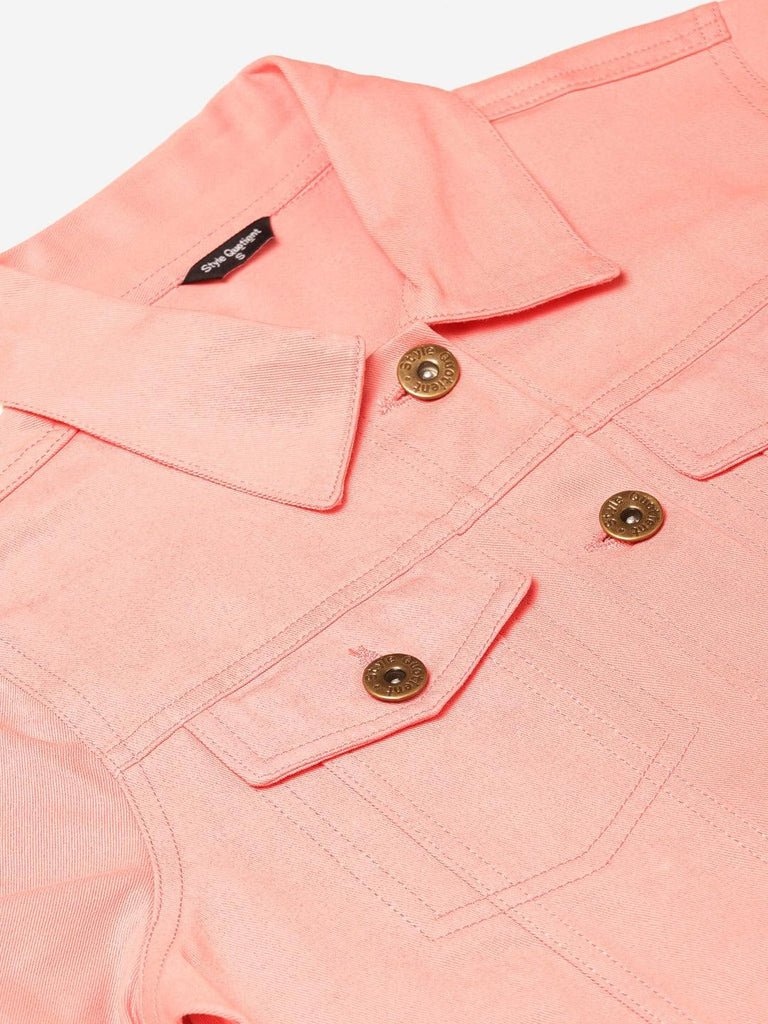 Women Pink Solid Denim Jacket-Jackets-StyleQuotient