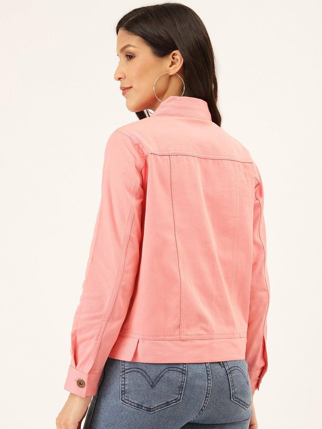 Women Pink Solid Denim Jacket-Jackets-StyleQuotient