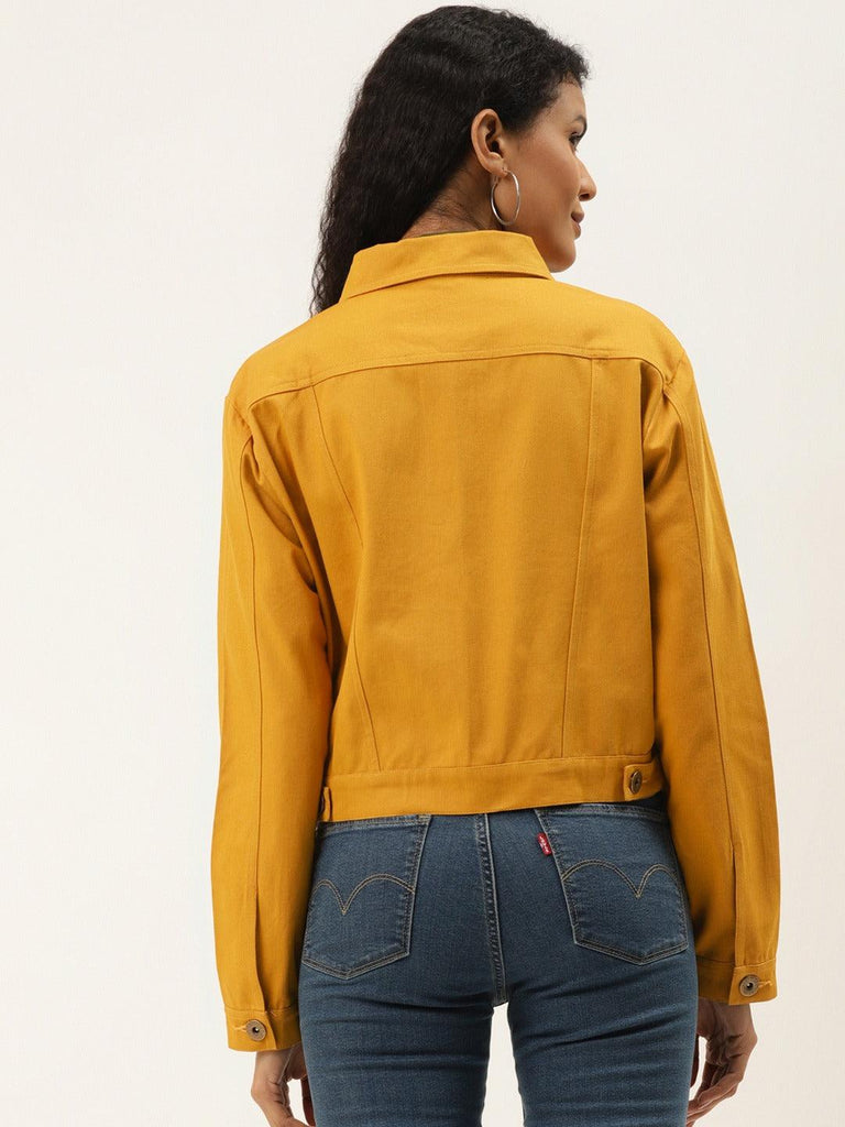 Women Mustard Yellow Solid Denim Jacket-Jackets-StyleQuotient