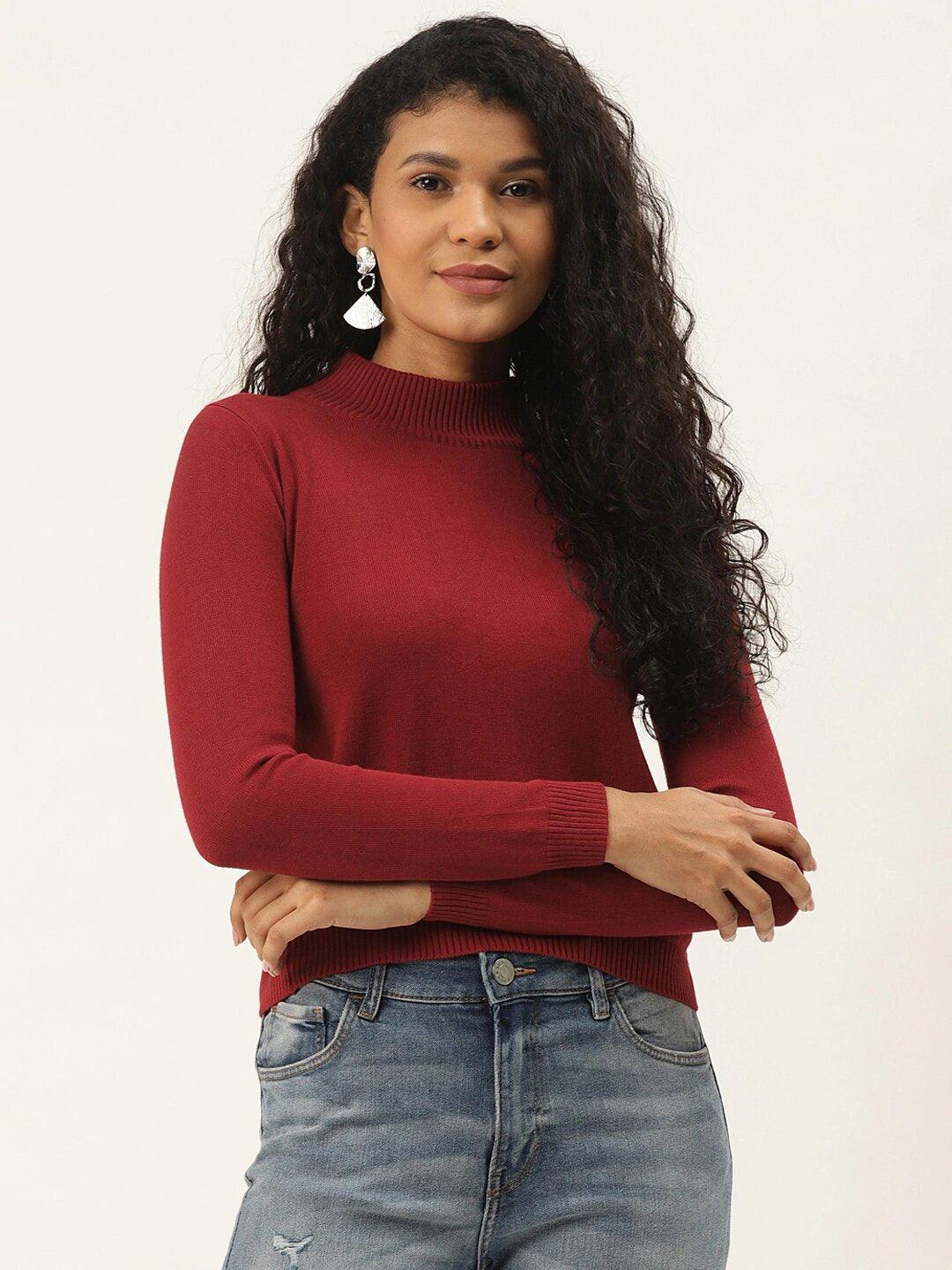 Women Maroon Solid Pullover Sweater - Main Image