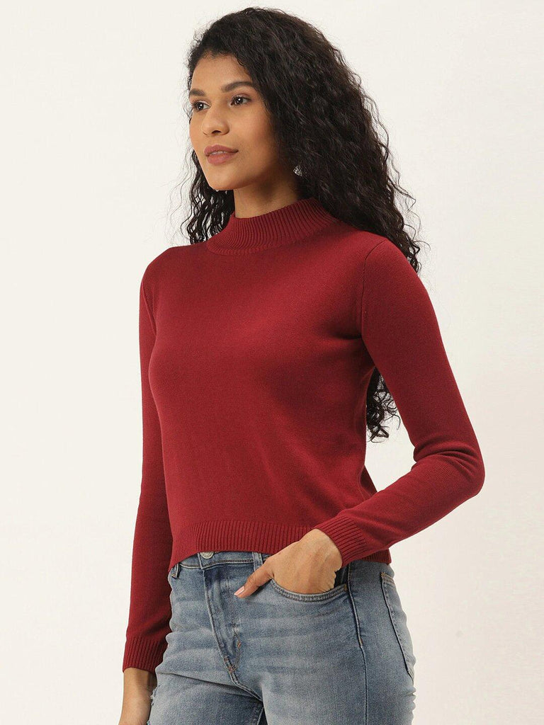 Women Maroon Solid Pullover Sweater-Sweaters-StyleQuotient