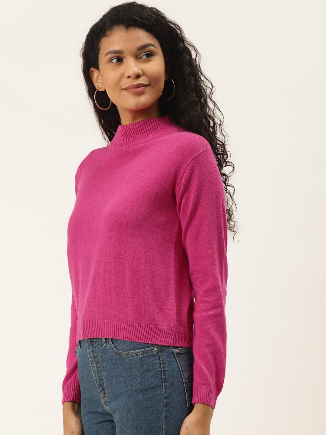 Women Pink Solid Pullover Sweater-Sweaters-StyleQuotient