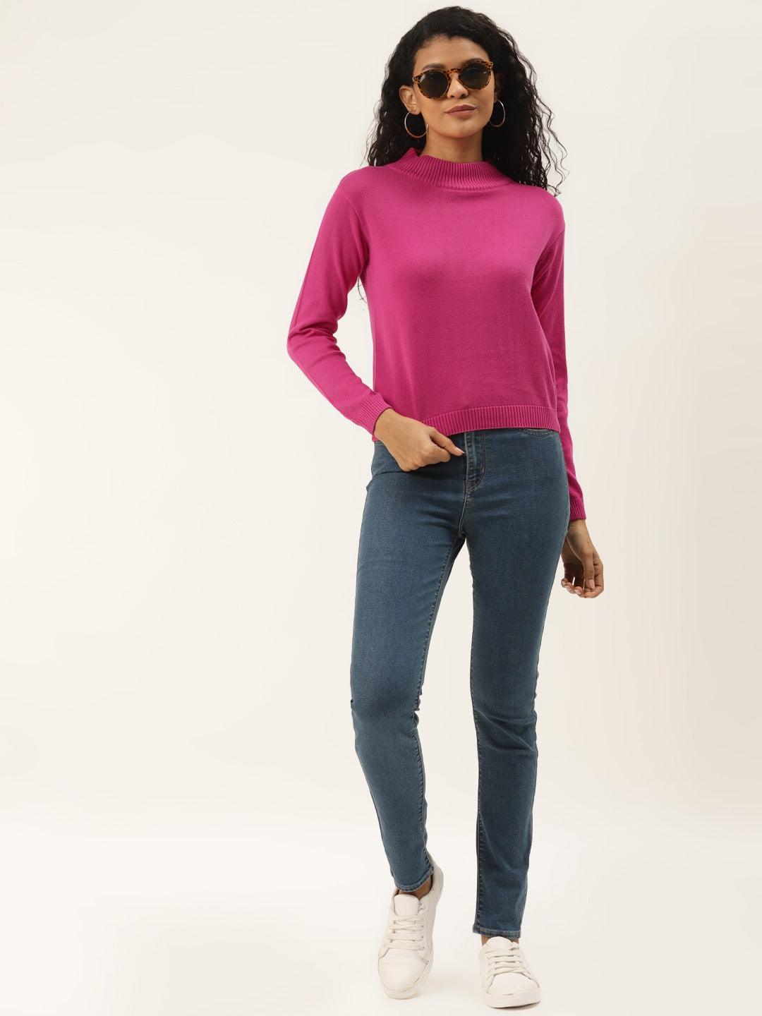 Women Pink Solid Pullover Sweater-Sweaters-StyleQuotient