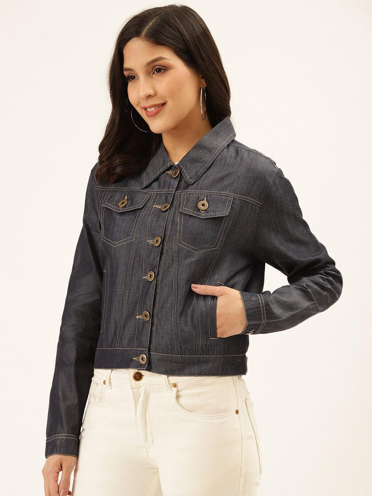 Women Navy Blue Solid Denim Jacket-Jackets-StyleQuotient