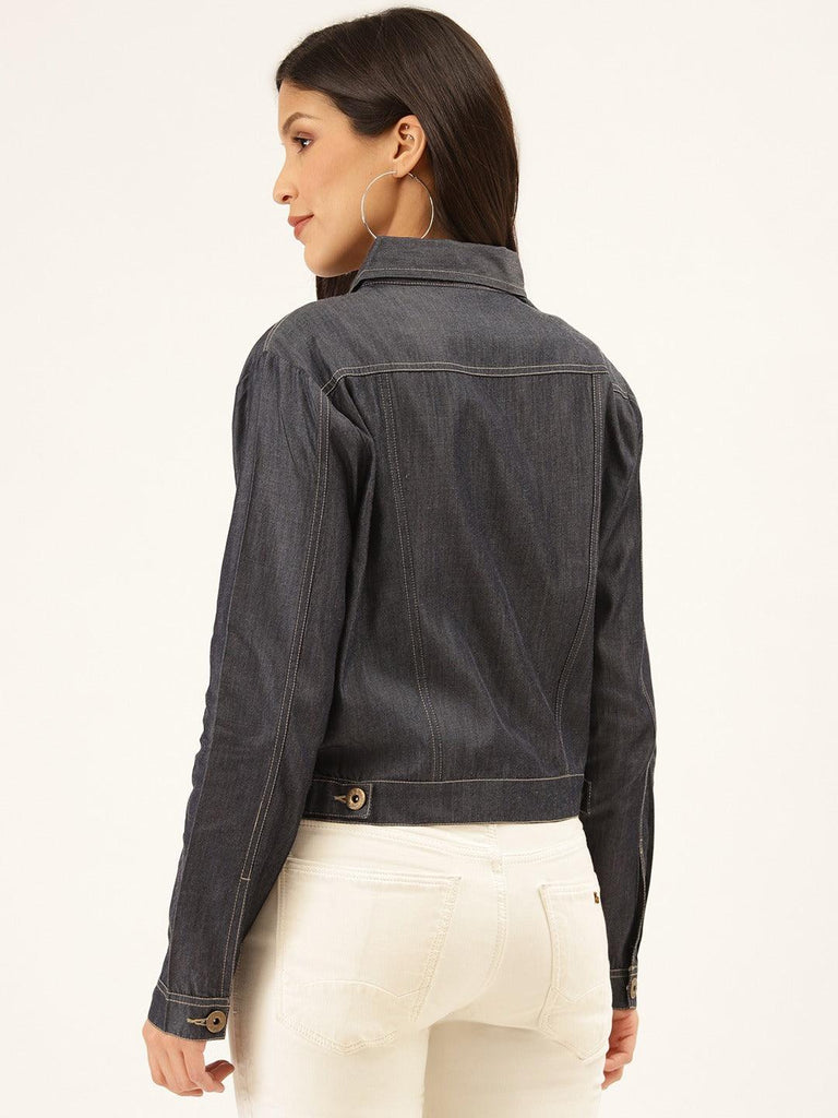 Women Navy Blue Solid Denim Jacket-Jackets-StyleQuotient