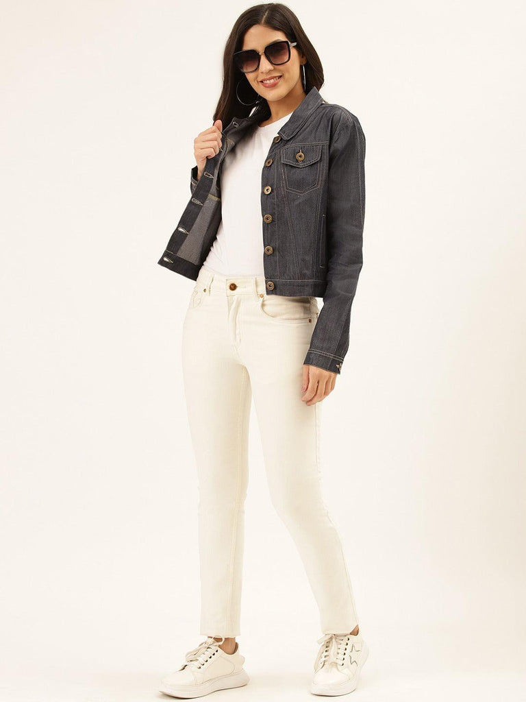 Women Navy Blue Solid Denim Jacket-Jackets-StyleQuotient