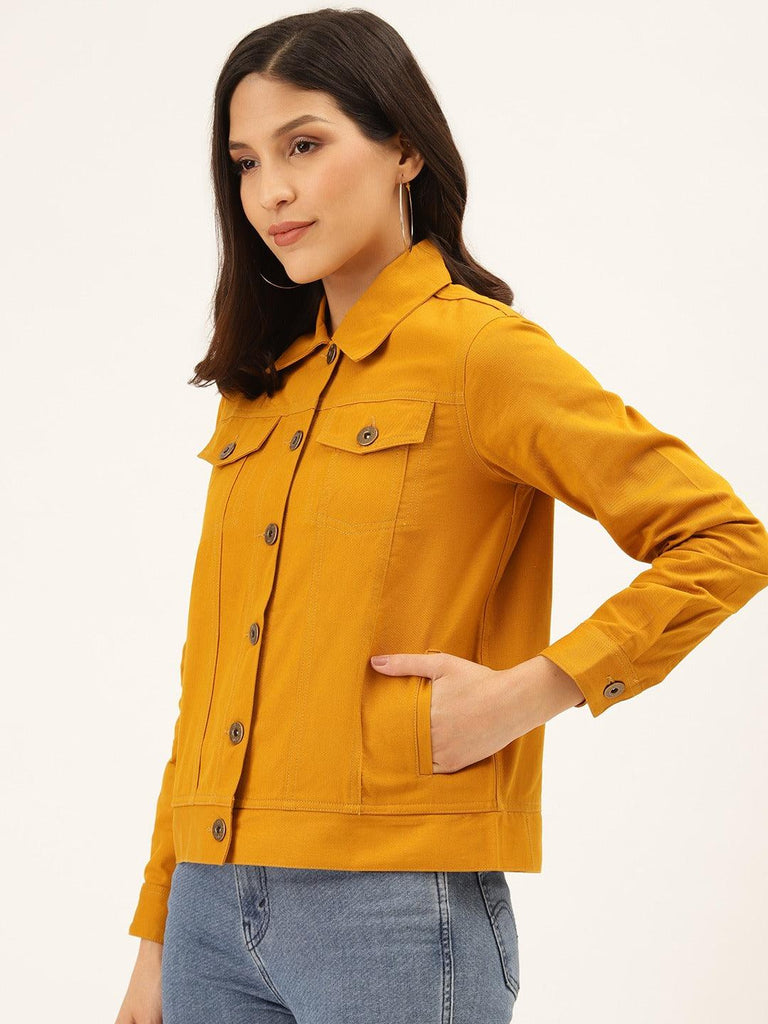 Women Mustard Yellow Solid Denim Jacket-Jackets-StyleQuotient