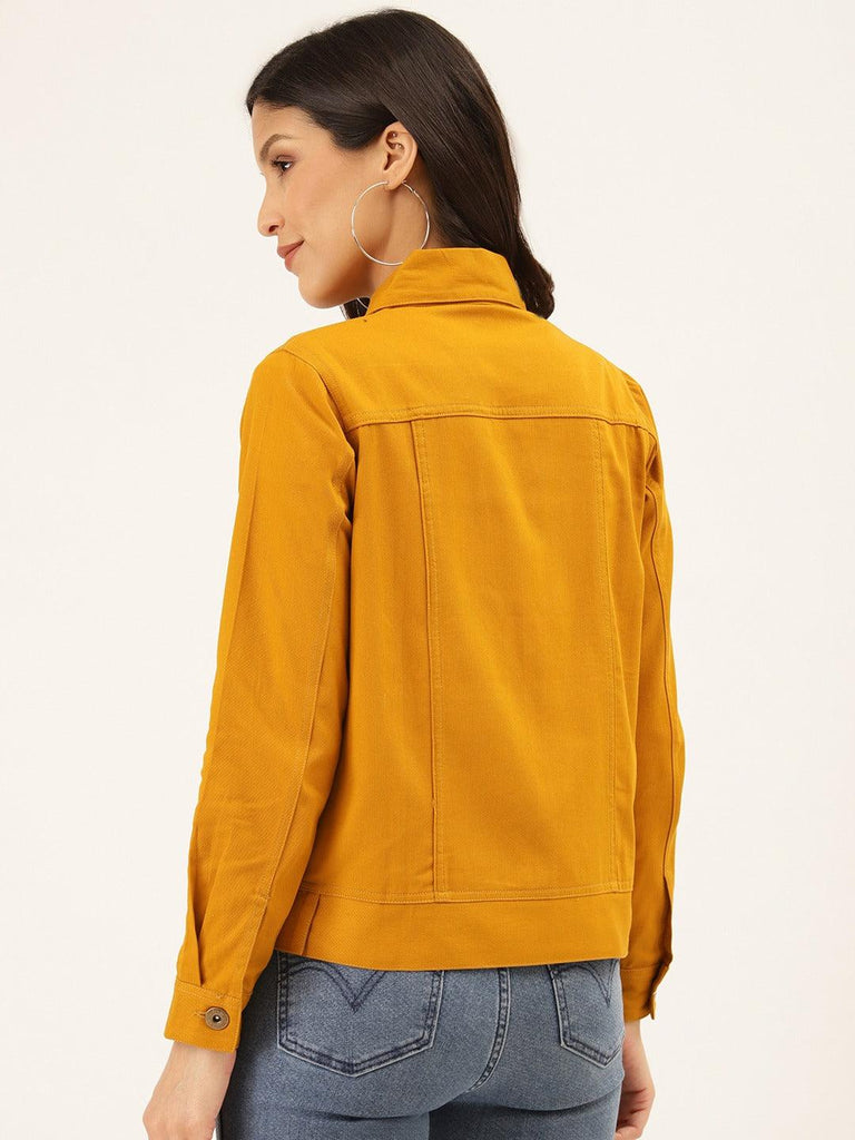 Women Mustard Yellow Solid Denim Jacket-Jackets-StyleQuotient