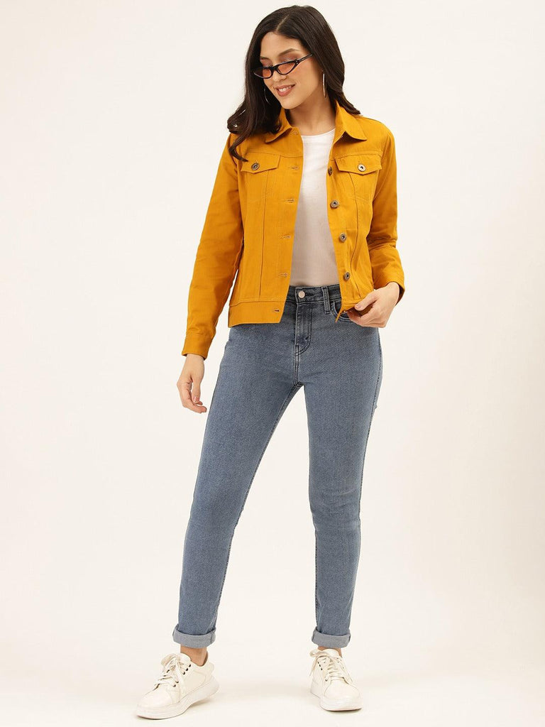 Women Mustard Yellow Solid Denim Jacket-Jackets-StyleQuotient