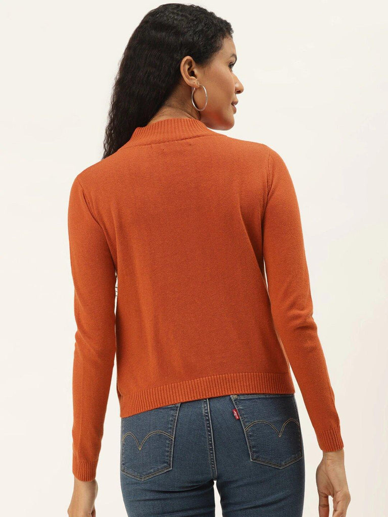 Women Orange Solid Cotton Pullover Sweater-Sweaters-StyleQuotient