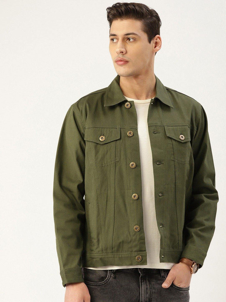 Men Olive Green Solid Denim Jacket-Men's Jackets-StyleQuotient