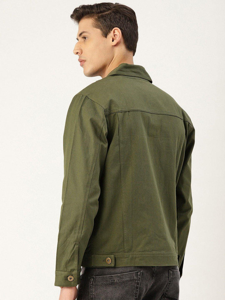 Men Olive Green Solid Denim Jacket-Men's Jackets-StyleQuotient