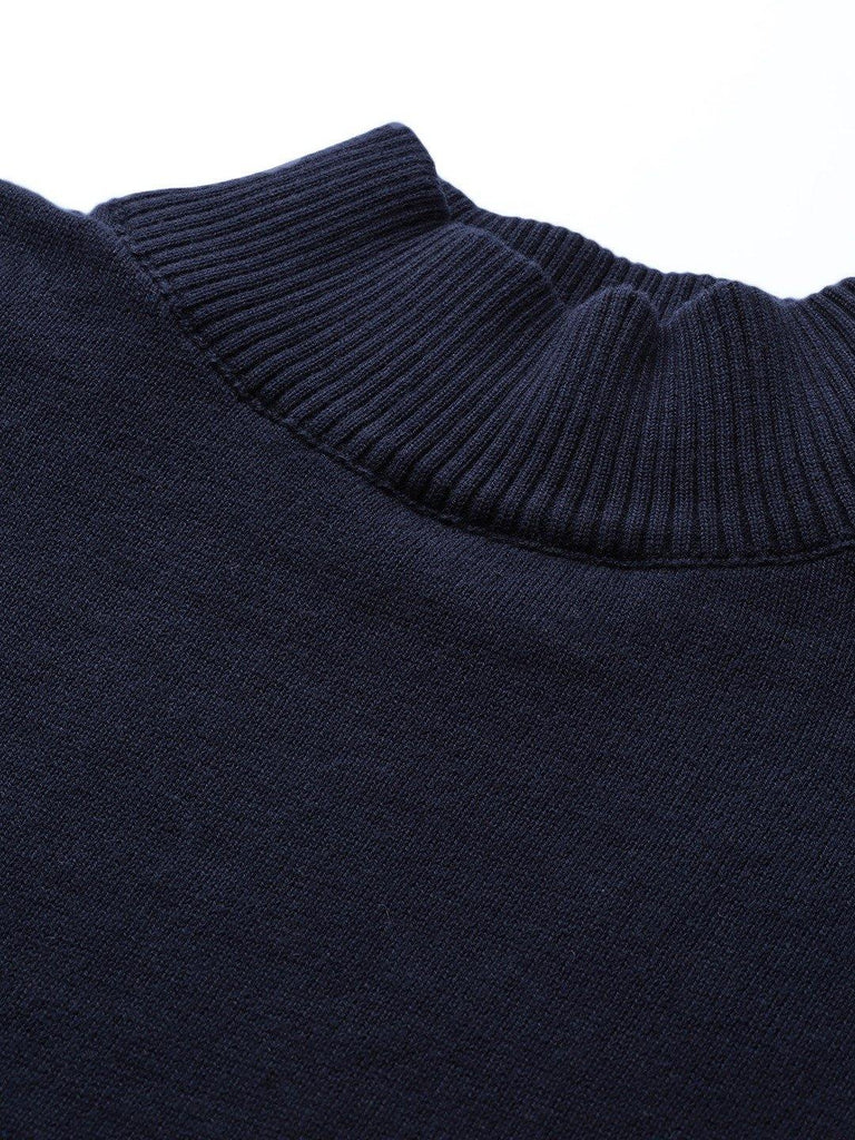 Style Quotient Men Solid Navy Knitted Regular Sweatshirt-Men's Sweaters-StyleQuotient