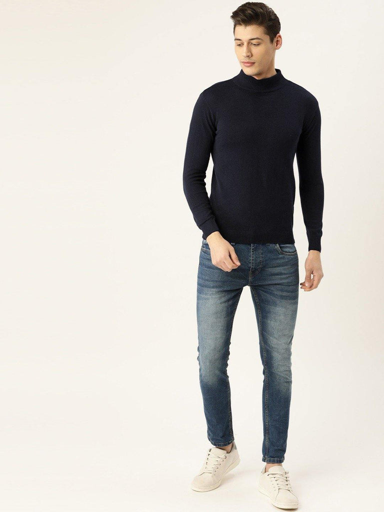 Style Quotient Men Solid Navy Knitted Regular Sweatshirt-Men's Sweaters-StyleQuotient