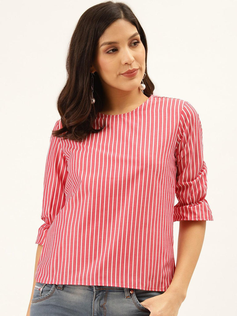 Style Quotient Women Red And White Stripe Printed Polycotton Smart Casual Top-Tops-StyleQuotient