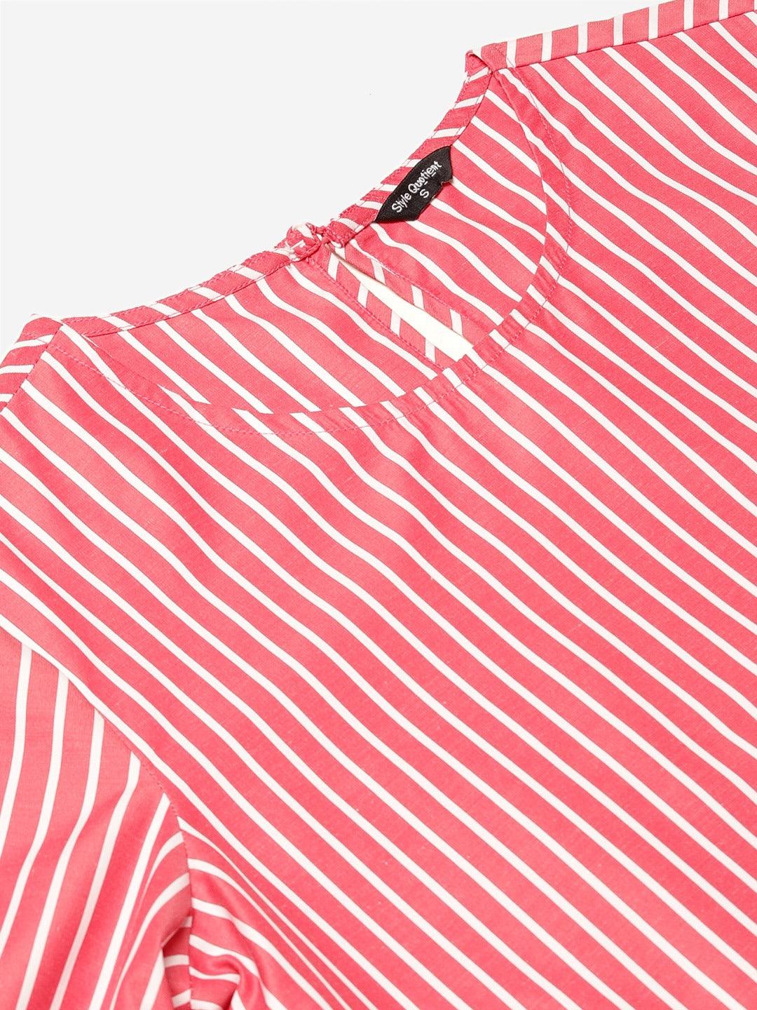 Style Quotient Women Red And White Stripe Printed Polycotton Smart Casual Top-Tops-StyleQuotient