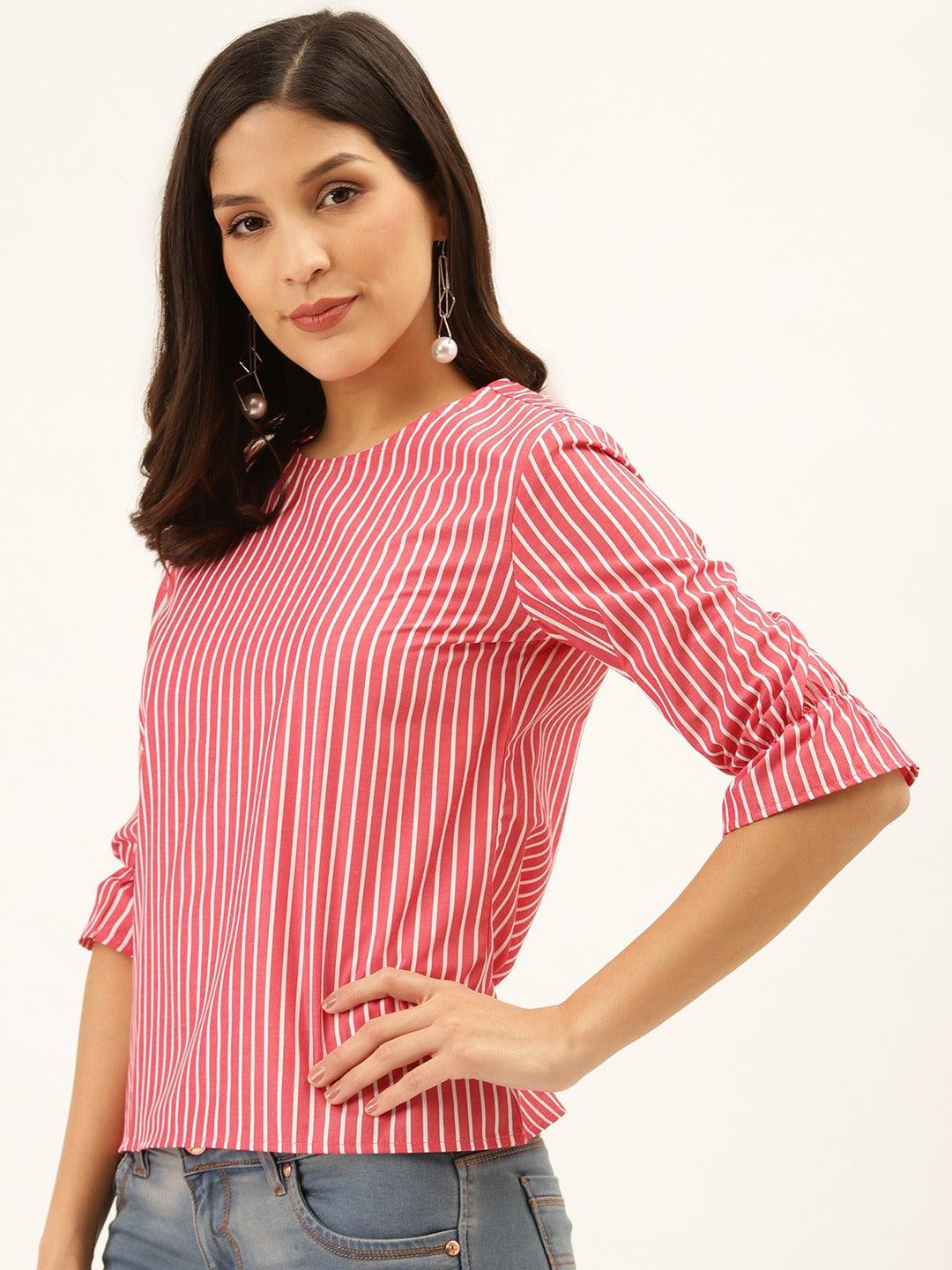 Style Quotient Women Red And White Stripe Printed Polycotton Smart Casual Top-Tops-StyleQuotient