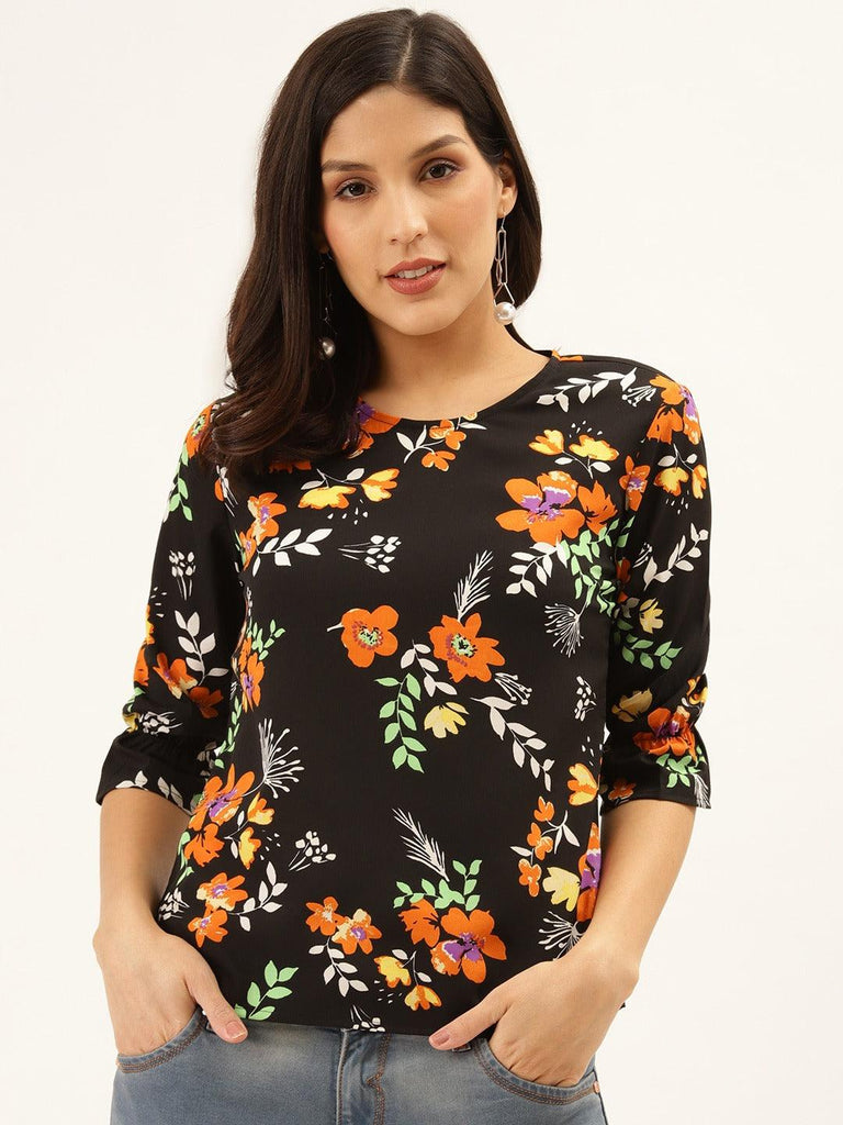 Style Quotient Women Black And Multi Floral Printed Polyester Smart Casual Top-Tops-StyleQuotient