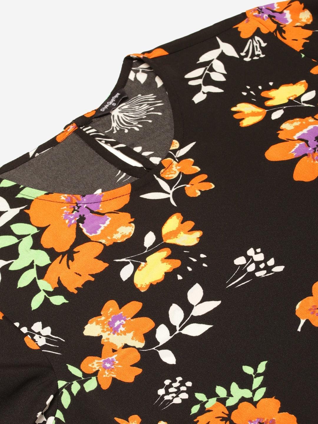 Style Quotient Women Black And Multi Floral Printed Polyester Smart Casual Top-Tops-StyleQuotient