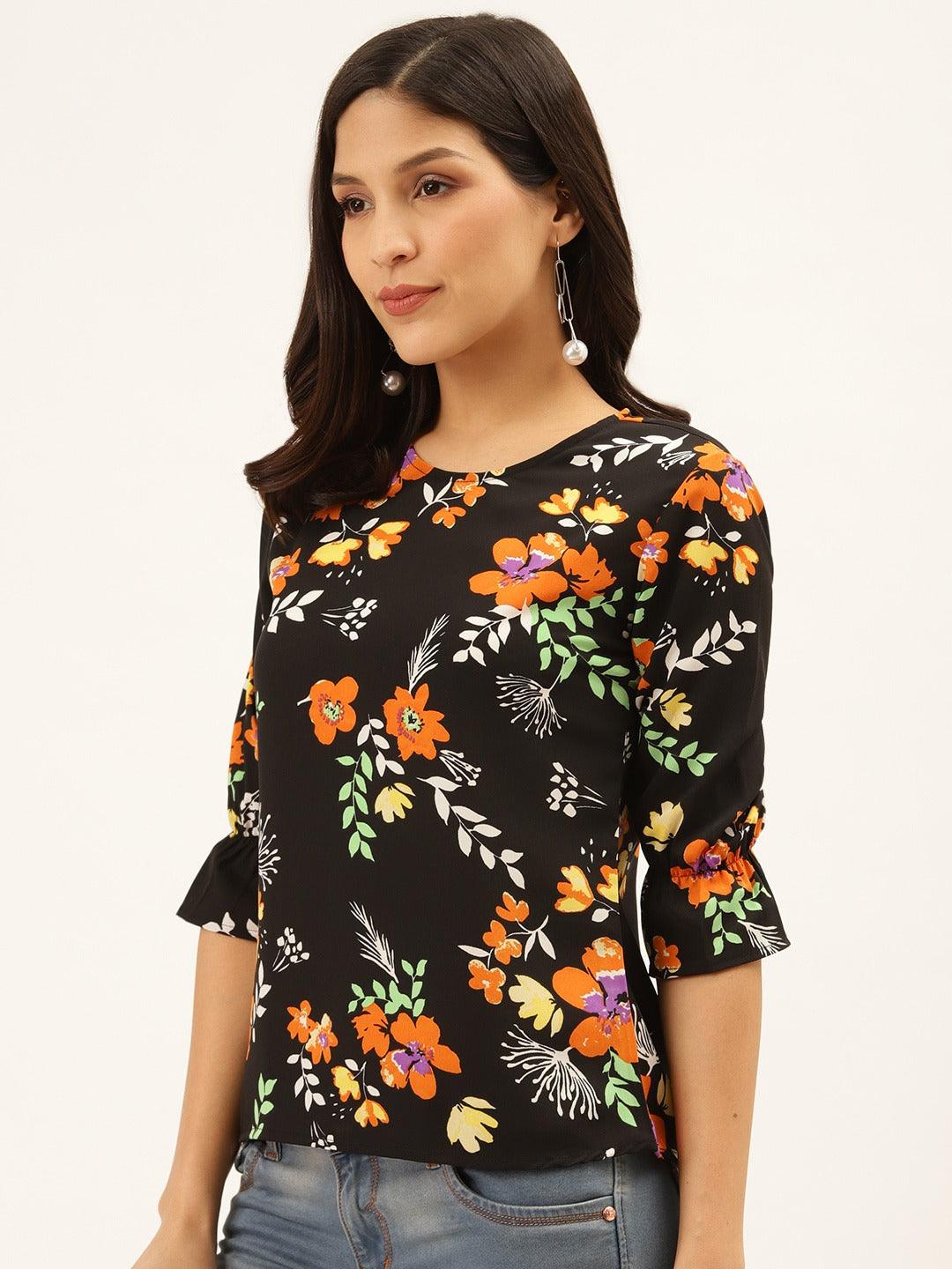 Style Quotient Women Black And Multi Floral Printed Polyester Smart Casual Top-Tops-StyleQuotient