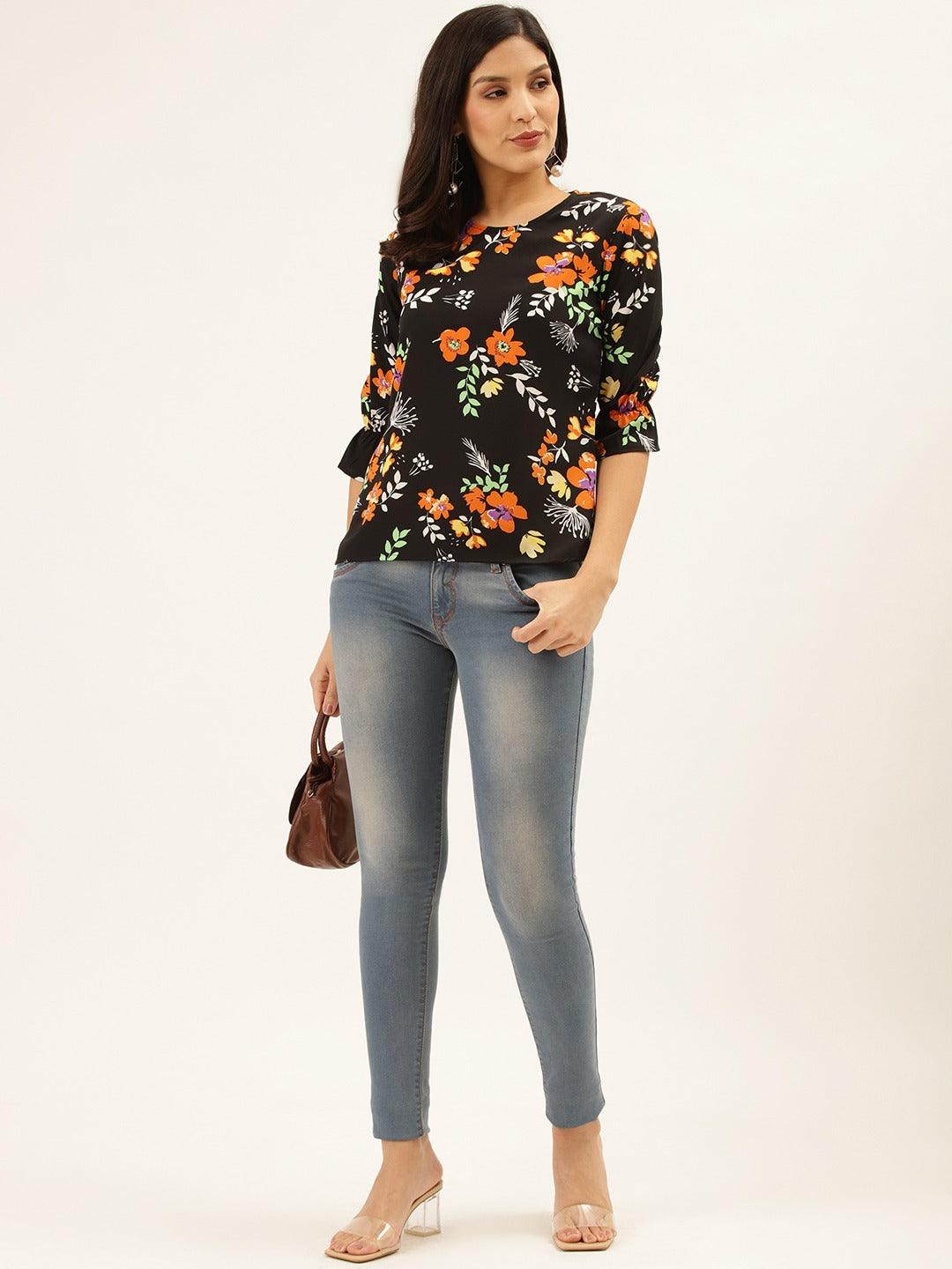 Style Quotient Women Black And Multi Floral Printed Polyester Smart Casual Top-Tops-StyleQuotient