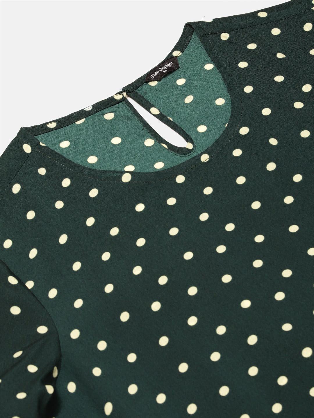 Style Quotient Women Green And White Polka Dot Printed Polyester Smart Casual Top-Tops-StyleQuotient