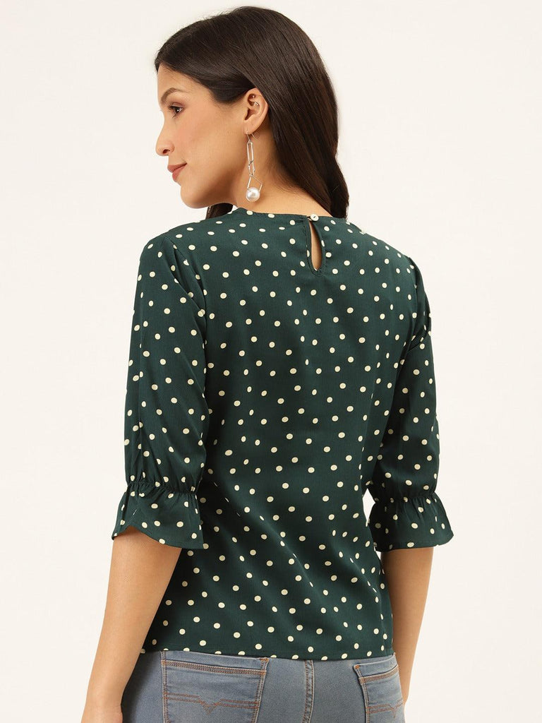 Style Quotient Women Green And White Polka Dot Printed Polyester Smart Casual Top-Tops-StyleQuotient