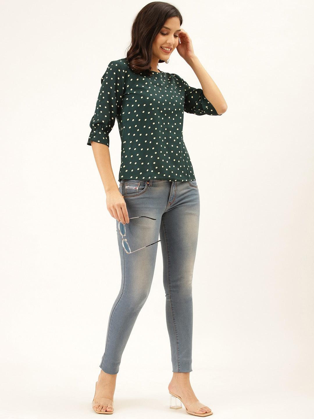 Style Quotient Women Green And White Polka Dot Printed Polyester Smart Casual Top-Tops-StyleQuotient