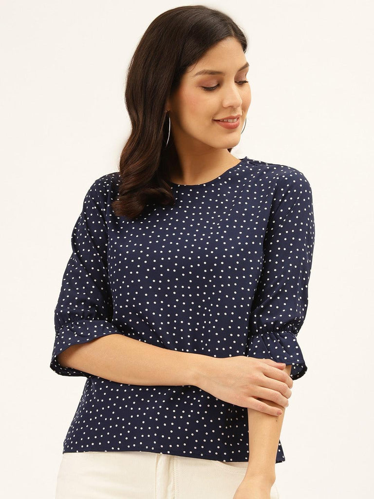 Style Quotient Women Navy And White Polka Dot Printed Polyester Smart Casual Top-Tops-StyleQuotient