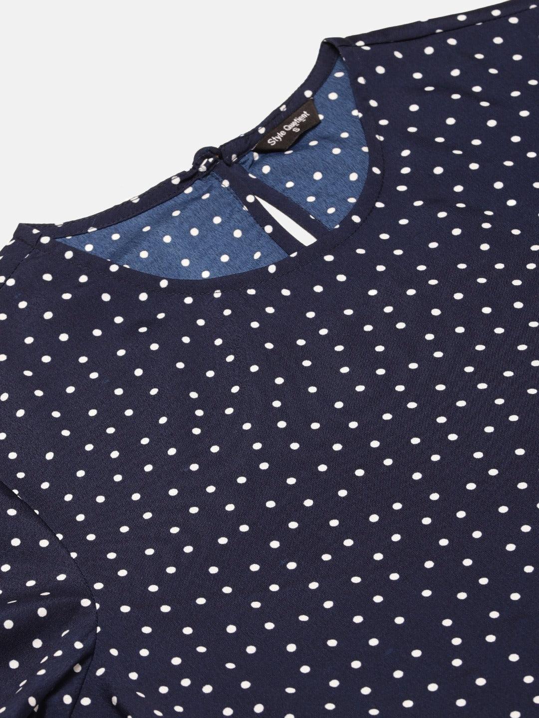 Style Quotient Women Navy And White Polka Dot Printed Polyester Smart Casual Top-Tops-StyleQuotient