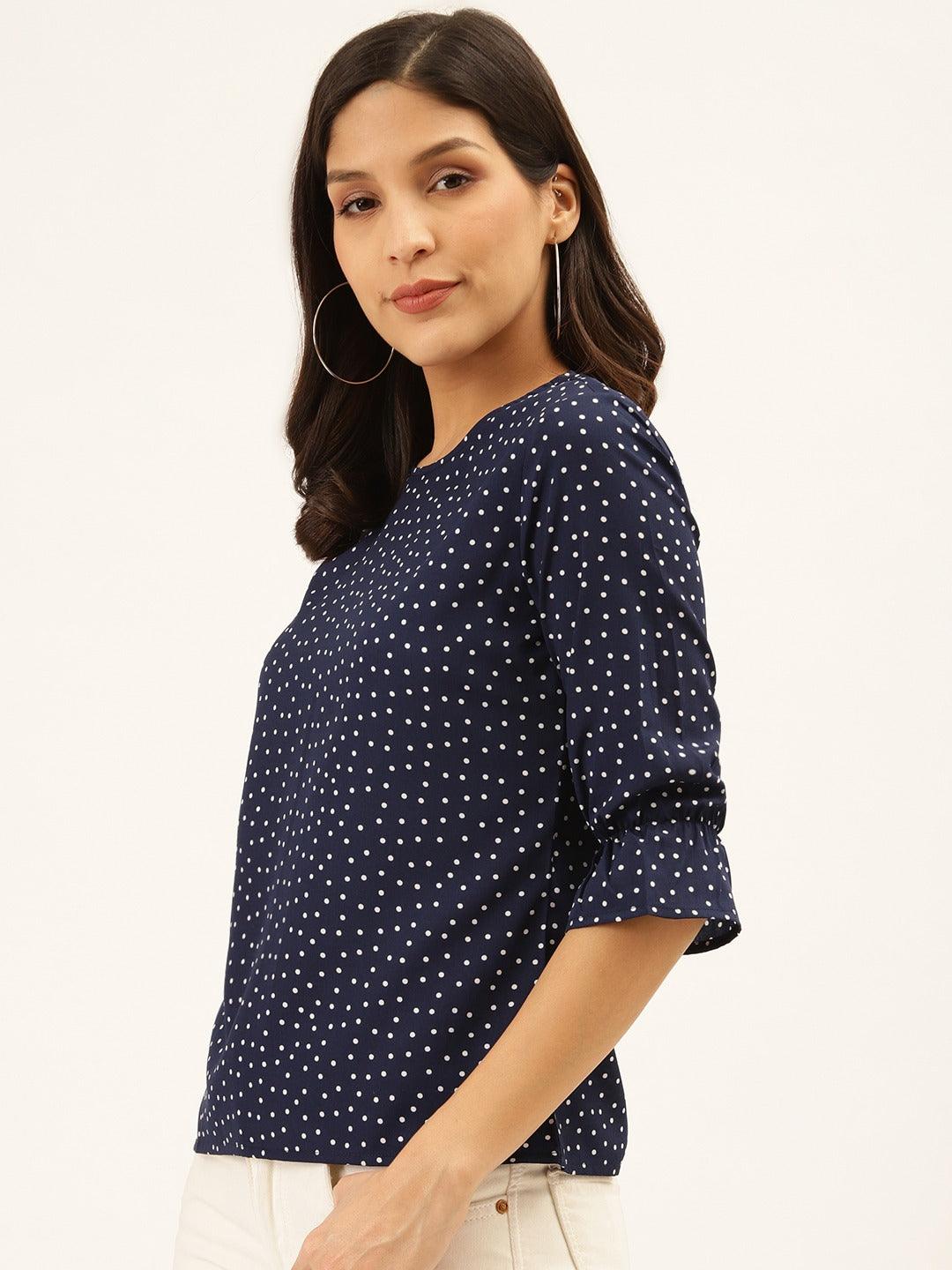 Style Quotient Women Navy And White Polka Dot Printed Polyester Smart Casual Top-Tops-StyleQuotient