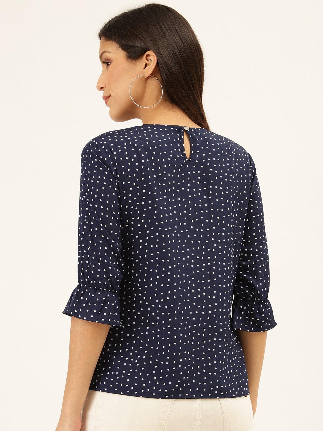 Style Quotient Women Navy And White Polka Dot Printed Polyester Smart Casual Top-Tops-StyleQuotient