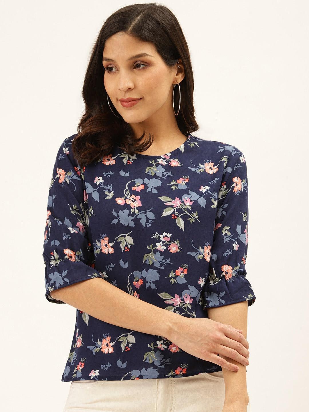 Style Quotient Women Blue and Multi Floral Printed Polyester Smart Casual Top-Tops-StyleQuotient