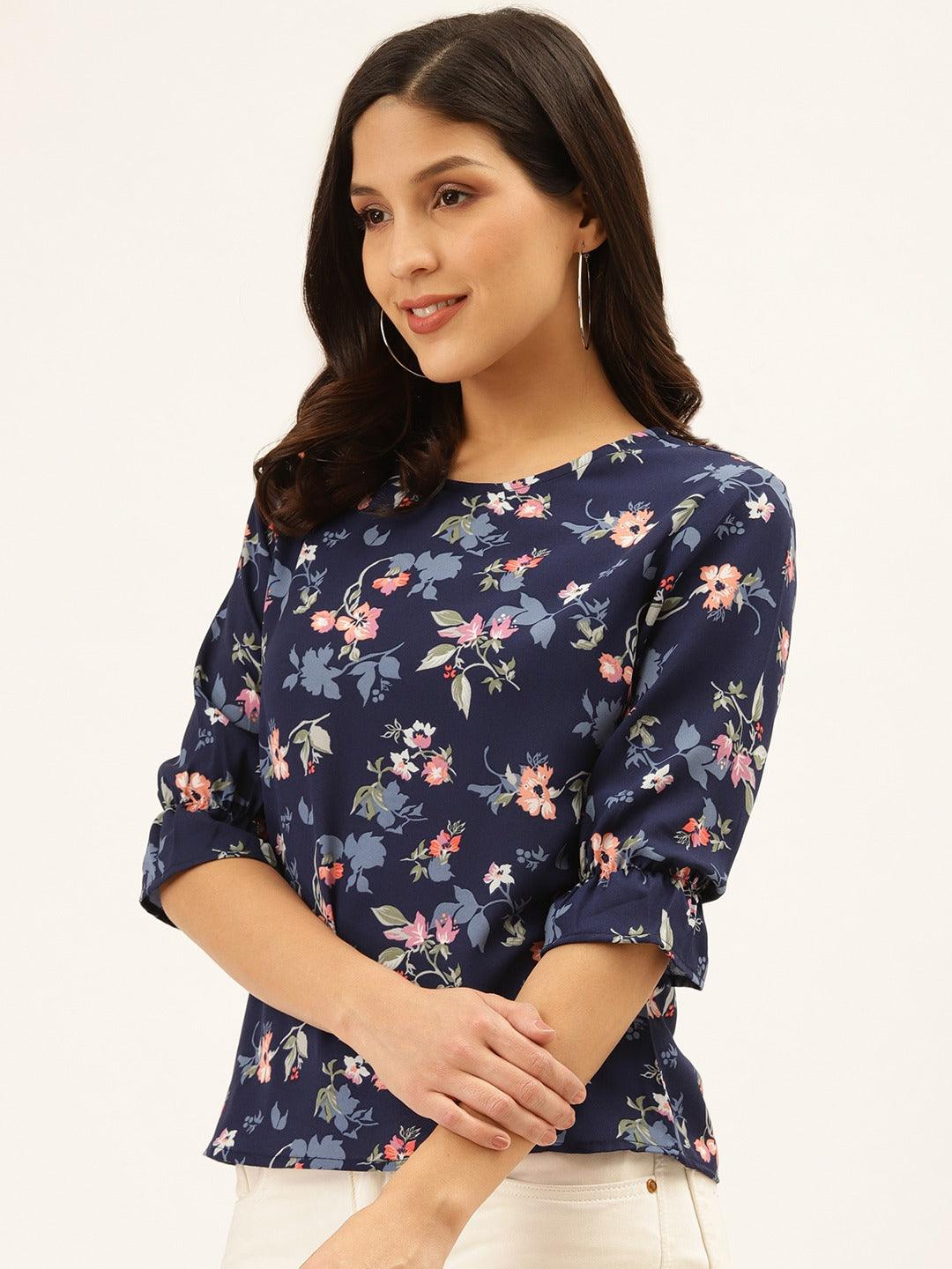 Style Quotient Women Blue and Multi Floral Printed Polyester Smart Casual Top-Tops-StyleQuotient