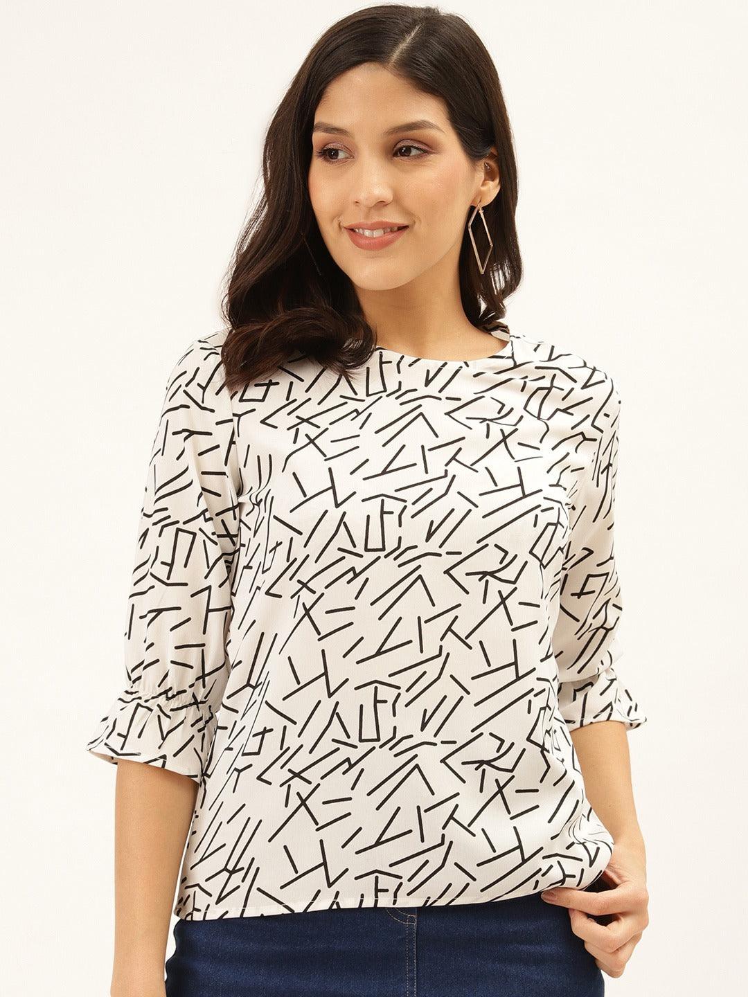 Style Quotient Women White And Black Abstract Printed Polyester Smart Casual Top-Tops-StyleQuotient