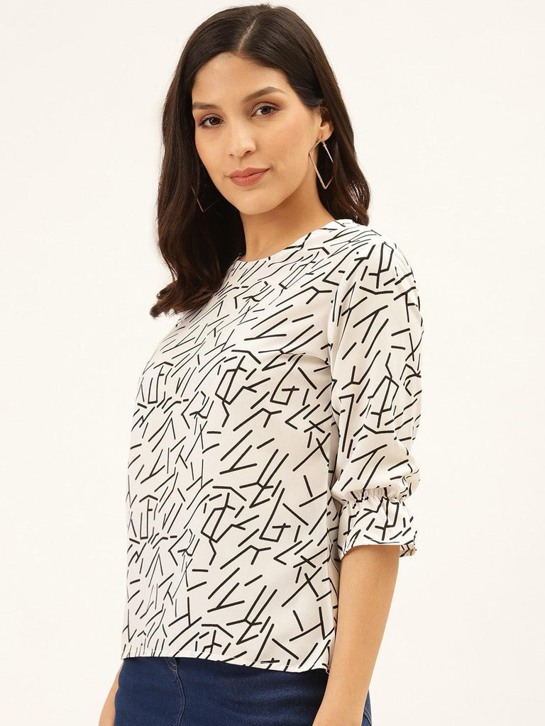 Style Quotient Women White And Black Abstract Printed Polyester Smart Casual Top-Tops-StyleQuotient
