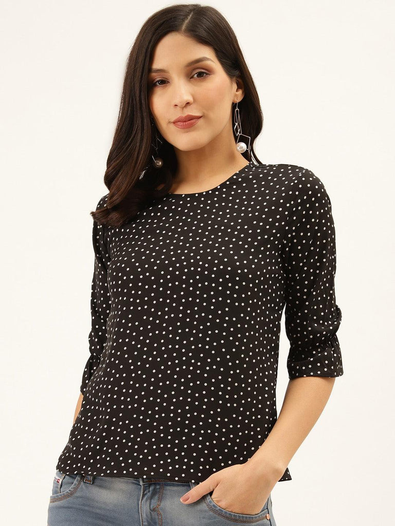 Style Quotient Women Black And White Polka Dot Printed Polyester Smart Casual Top-Tops-StyleQuotient