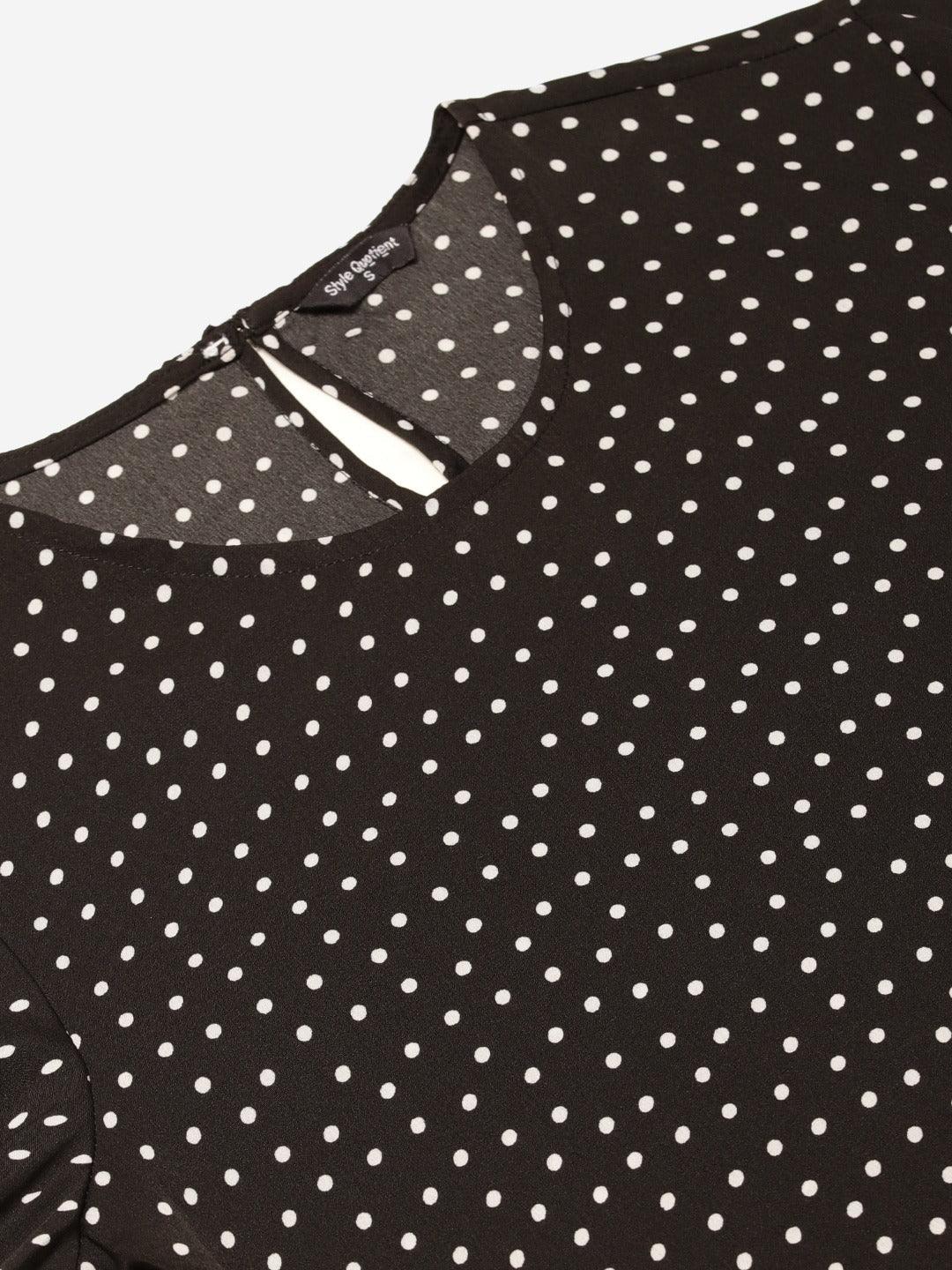 Style Quotient Women Black And White Polka Dot Printed Polyester Smart Casual Top-Tops-StyleQuotient